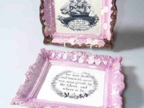 Two Sunderland pink lustre picture frame plaques