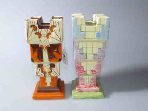 Two 1930's Myott hand painted inverted castle vases