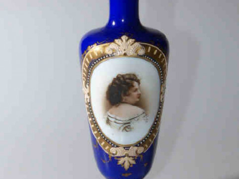 Bohemian blue and white glass vase with lady portrait