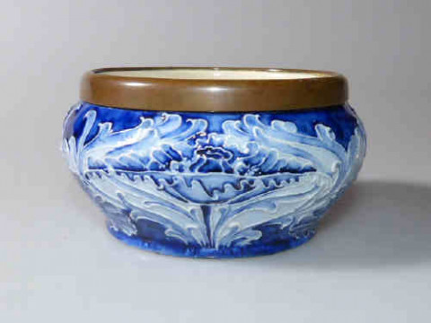 Macintyre Florian ware blue glaze bowl, with initials, 10cm diameter