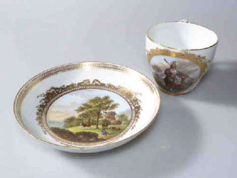 Meissen porcelain cabinet cup and a saucer, both with well painted decoration