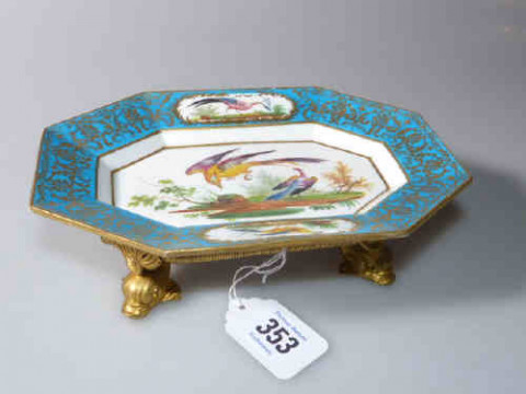 Sevres porcelain painted dish on ormolu stand, 19cm across