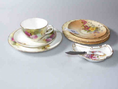 Royal Worcester rose painted trio, two blush plates and saucer and Crown...