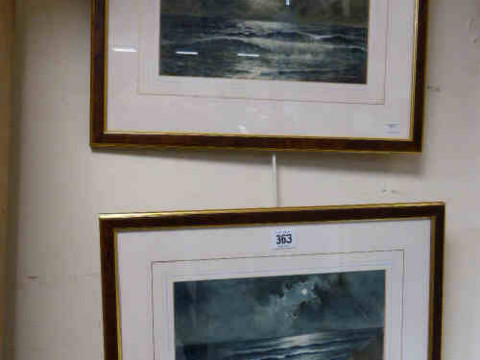 T.W. Manner Jr, 1921, 'Moonlit Seascapes', pair watercolours, framed