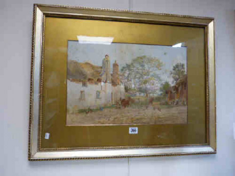 Fritz B. Althous, 'Farmer Feeding Cattle' watercolour, framed