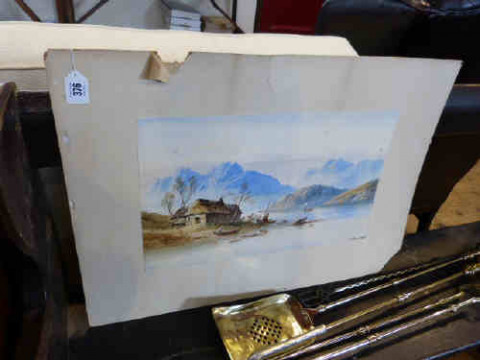 E.C. Herring, 'Boats on a Mountainous Lake' watercolour, unframed