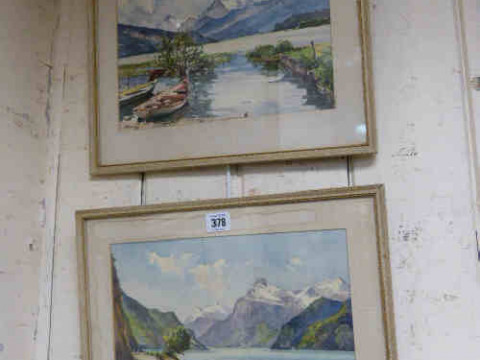 Mane, 'Mountainous Lake Scenes' pair watercolours, framed