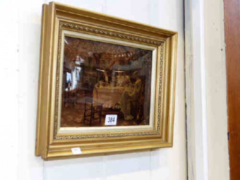 Gilt framed bevelled chrystoleum of ladies taking tea in the garden
