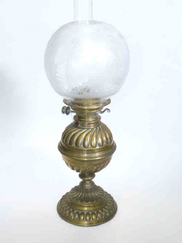 Brass oil lamp with etched and frosted glass shade