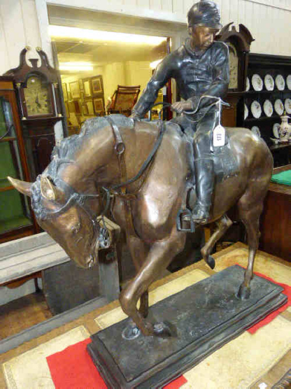 Large Spelter model of horse and jockey, 92cm high