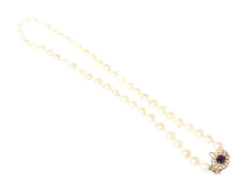 Pearl necklace with garnet and half pearl set oval clasp, gross approximately 55grams, approximately 57cm