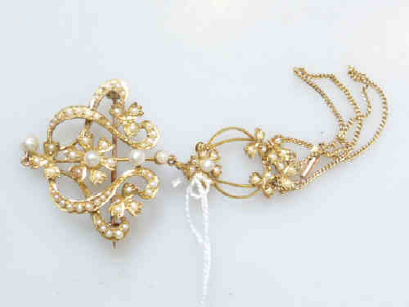 15ct gold pendant necklace, with brooch pin fitting, set with seed pearls, stamped '15CT', gross approximately 14grams