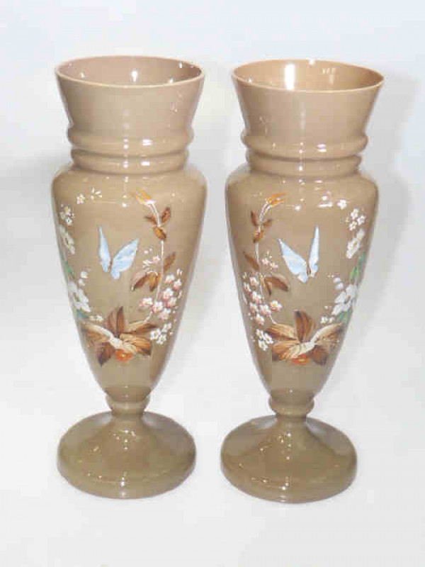 Pair of Victorian hand painted glass vases with butterfly and floral design
