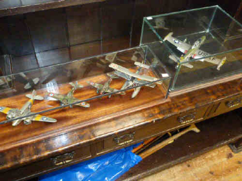 Set of four vintage frog aircraft and lightning military aircraft in glass cases