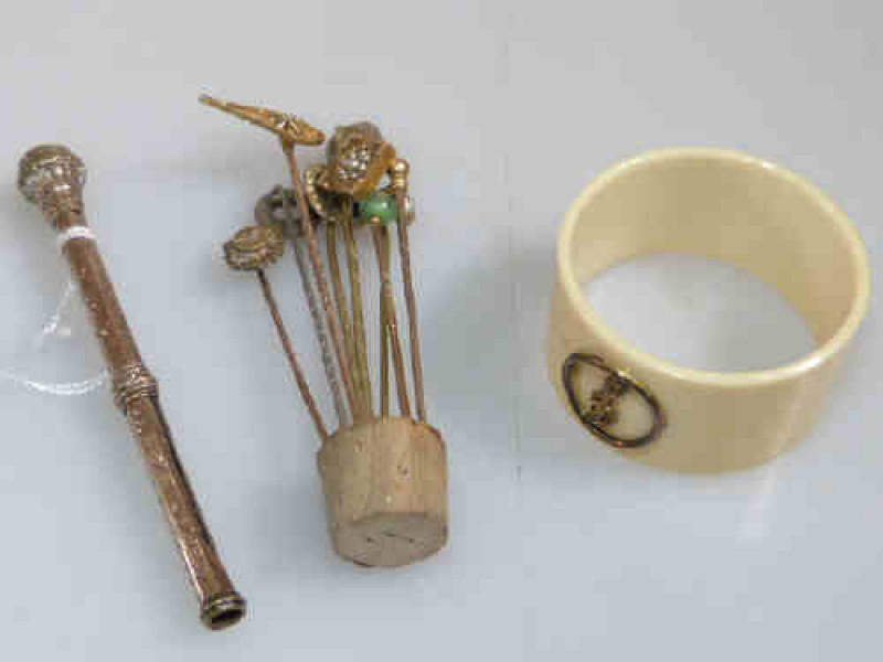 Collection of eight stick pins, Victorian pencil and a napkin ring (10)