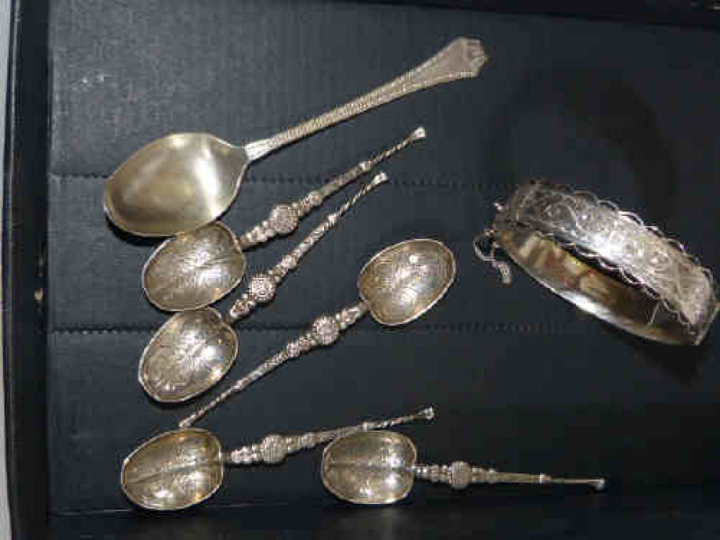 Six silver spoons and silver bangle