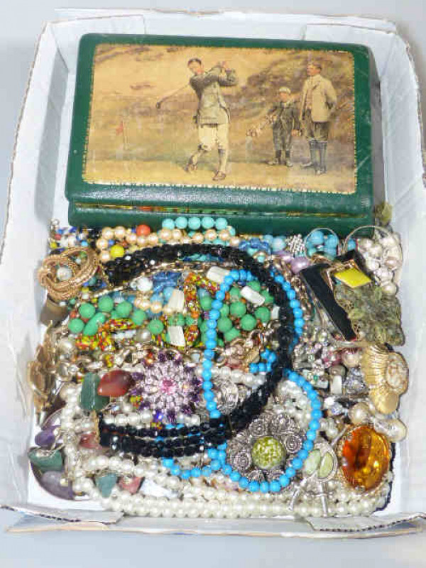 Box of costume jewellery including golf lidded box