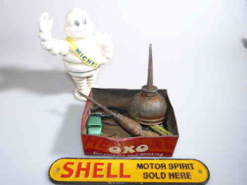 Cast metal Michelin man, small Shell sign, etc