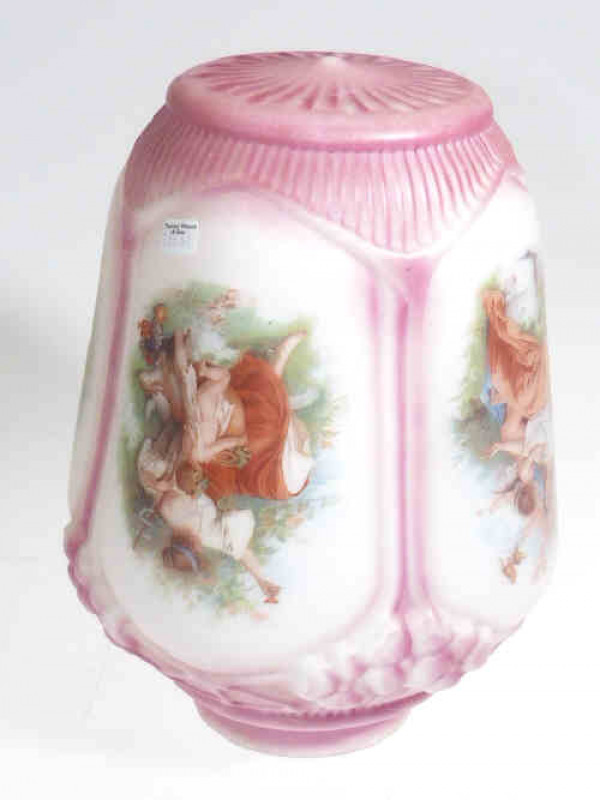 Late Victorian tinted opaque glass light shade printed with classical maidens