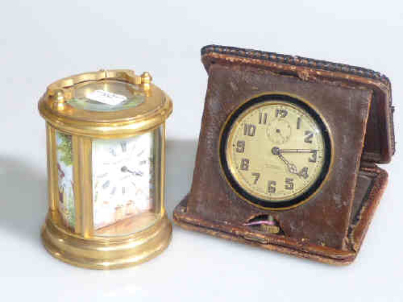 Brass circular carriage clock and travel clock (2)