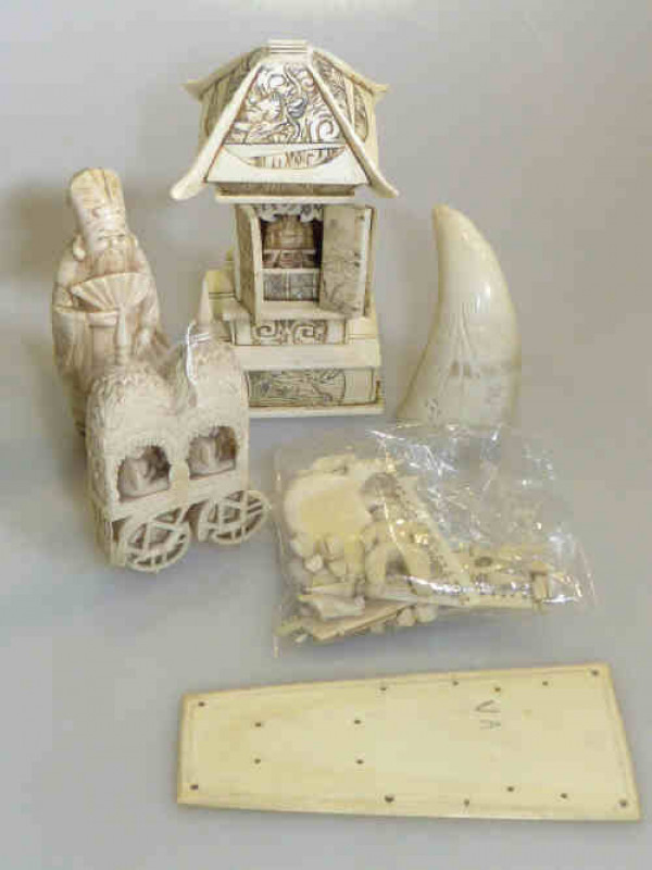 Ivory carriage (in pieces), small temple, figure, etc