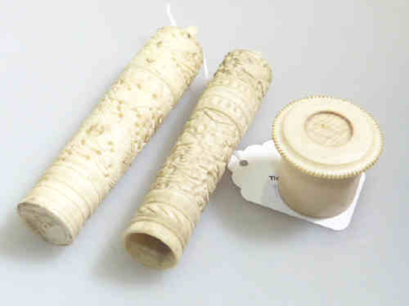 Small ivory gaming counter holder and two carved holders (3)