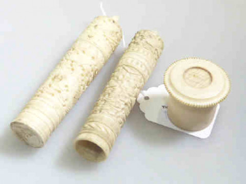 Small ivory gaming counter holder and two carved holders (3)