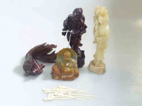 Carved wood figure and fish, buddha, alabaster figure and tooth picks