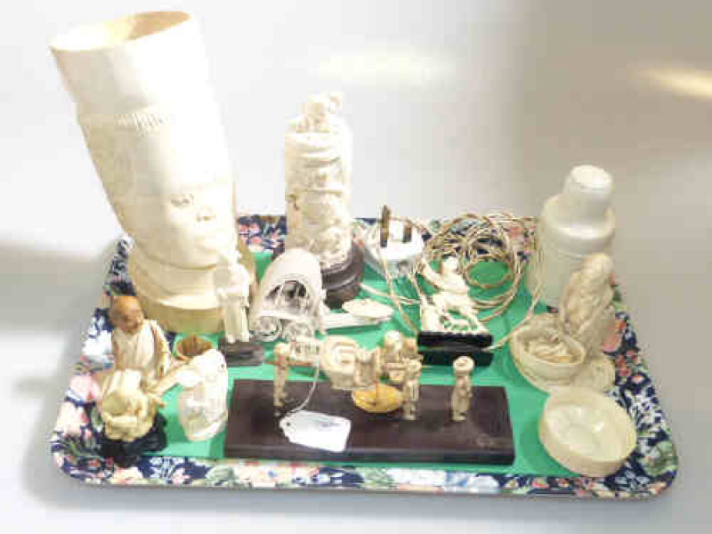 Tray lot with carved ivory/bone figures, medicine bottle holder, lamp, etc