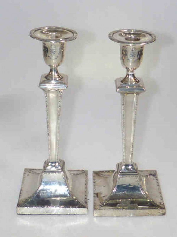 Pair silver column candlesticks, 26cm high
