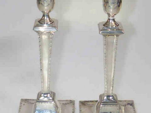 Pair silver column candlesticks, 26cm high
