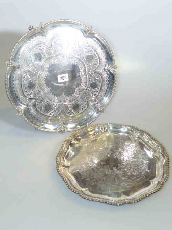 Two silver plated ornate salvers with engraved decoration