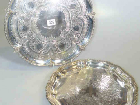 Two silver plated ornate salvers with engraved decoration