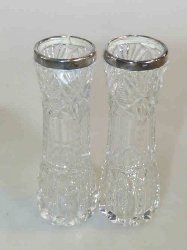 Pair silver mounted crystal spill vases