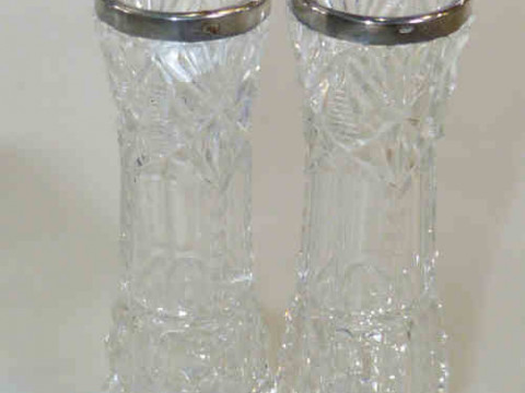 Pair silver mounted crystal spill vases