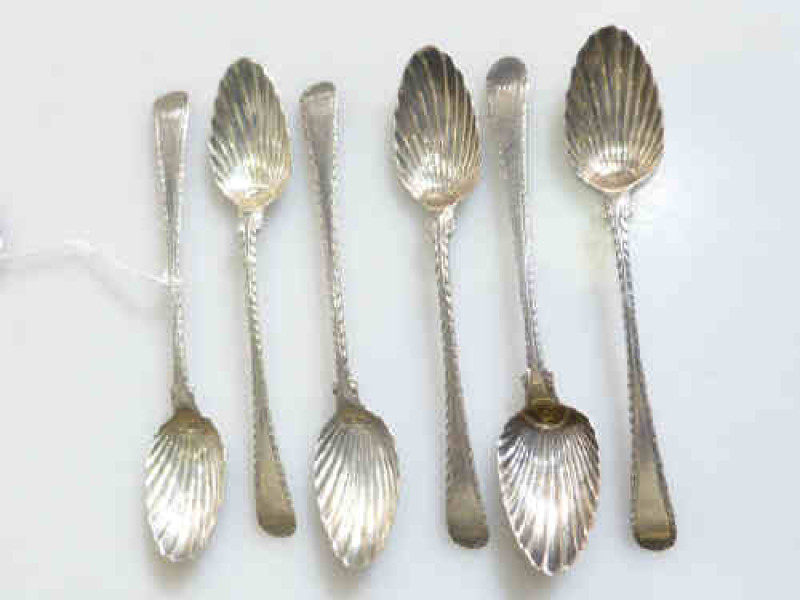 Set of six Georgian silver shell bowl teaspoons