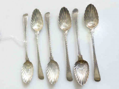 Set of six Georgian silver shell bowl teaspoons