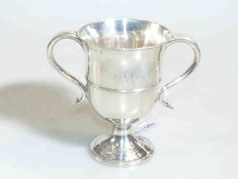 Georgian silver two handled cup with heart terminals