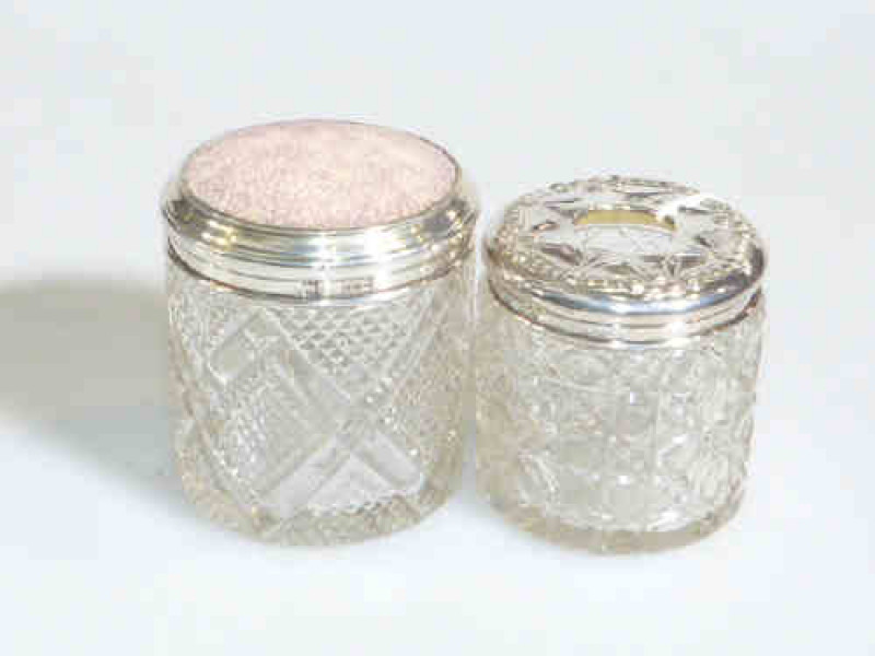 Silver and shagreen topped toilet jar and silver topped hair tidy (2)