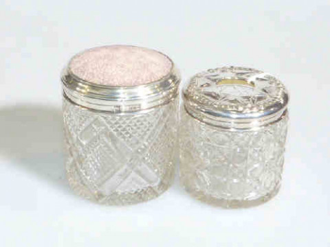 Silver and shagreen topped toilet jar and silver topped hair tidy (2)