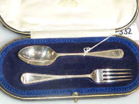 Cased George V silver christening spoon and fork, London 1925