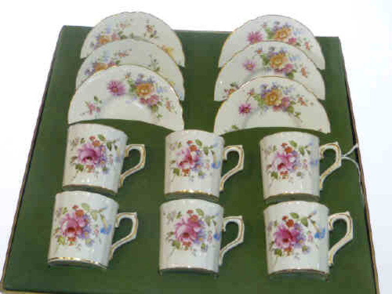 Boxed Royal Crown Derby flower spray coffee set