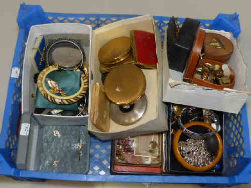 Box of costume jewellery, compacts, etc