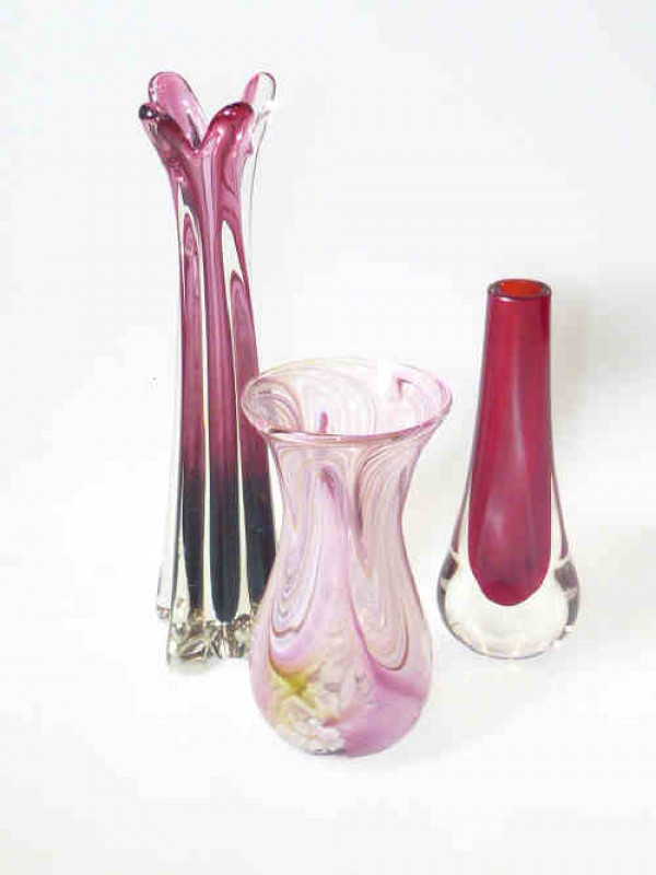 Three coloured glass vases