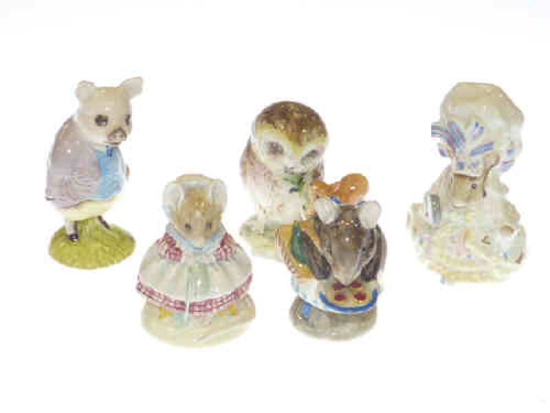 Five Beswick Beatrix Potter figures 'Old Mr Brown', 'Old woman who lived in s shoe', 'Pigling Bland', 'Appley Dapply' and 'Lady Mouse'