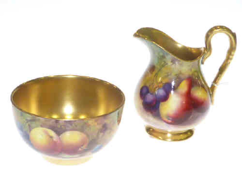 Royal Worcester small jug and bowl painted with fruit by Moseley and Price