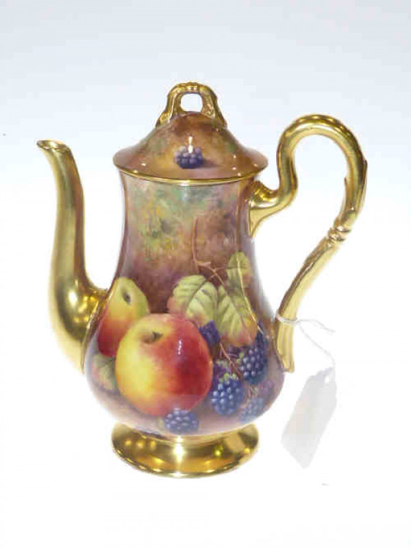 Royal Worcester coffee pot painted with fruit by Price, 18cm high