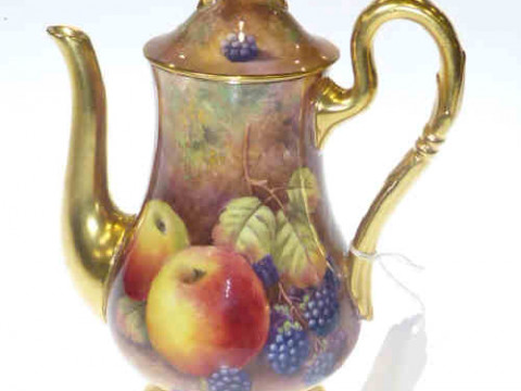 Royal Worcester coffee pot painted with fruit by Price, 18cm high