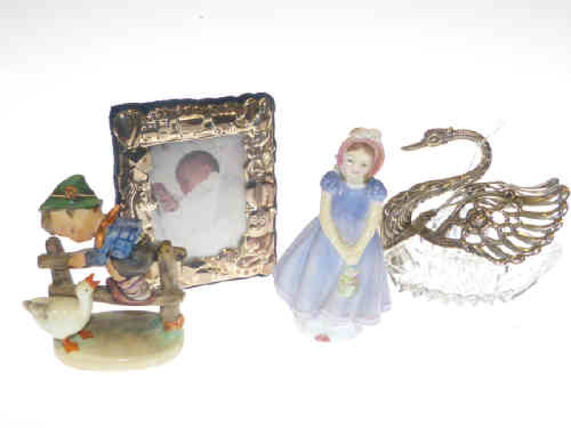 Royal Doulton figure 'Ivy', Hummel figure, glass and white swan and small silver photograph frame