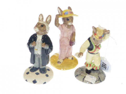 Three boxed Bunnykins figures 'Morris Dancer', 'Sightseer' and 'Lawyer'